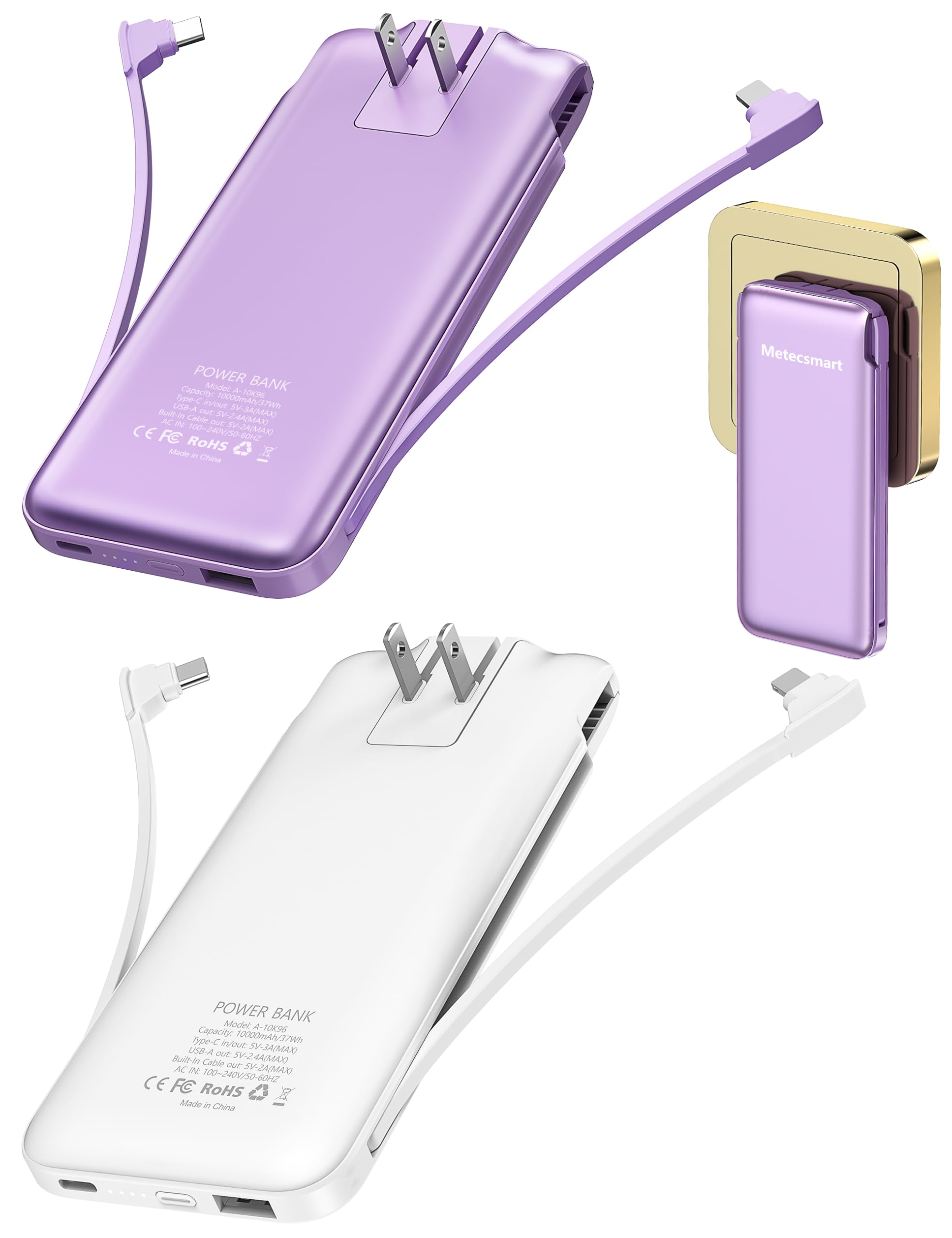 Metecsmart 2-Pack 10000mAh Phone Portable Charger Power Bank, Built in Cable and AC Wall Plug, Fast Slim USB C Charging Battery Pack Travel Essentials Compatible with iPhone, Android, White & Purple