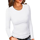 PALINDA Womne's Ribbed Round Neck Slim Fitted T Shirts Basic Solid Long Sleeve Layering Tee Tops