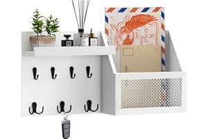 Luban Nese Key Holder for Wall with Wooden Picture Frame, 16 X 8 Mail Organizer Wall Mount with Hooks and Shelf, Rustic Wood Key Hanger Key Rack for Entryway and Home Decor, White