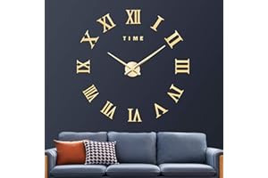 VREAONE Large 3D DIY Wall Clock, Giant Roman Numerals Clock Frameless Mirror Big Wall Clock Home Decoration for Home Living Room Bedroom Wall Decorations(Gold)