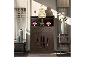 WCYTIE Bamboo Buddhist Altar Table for Home - Meditation Table with Cabinet Door, Chinese Personal Shrine Altar Cabinet for Living Room (Ruyi Style)