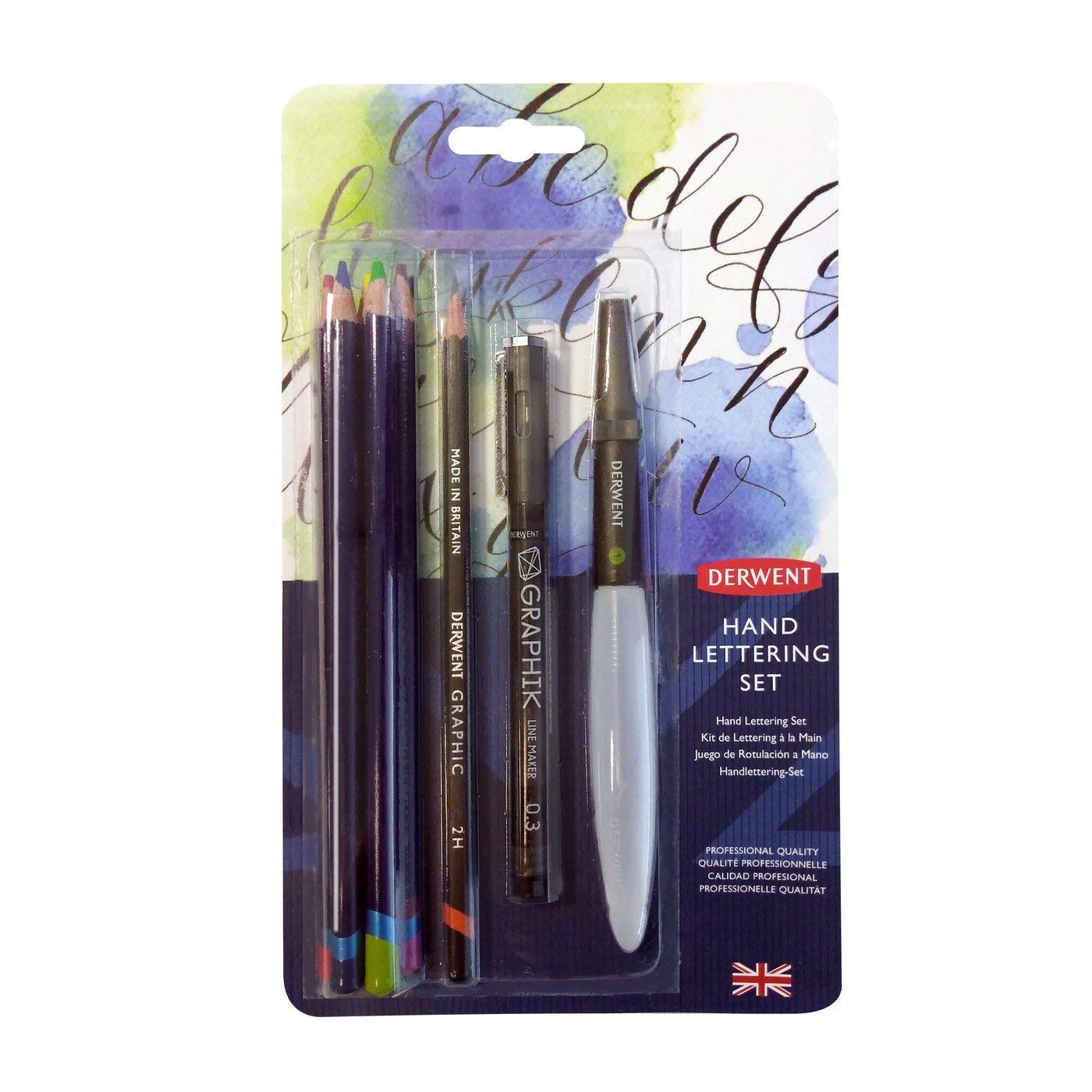 Derwent H& Lettering Set, Kit with 5 Inktense Permanent Water-Soluble Pencils, Graphic Pencil, Waterbrush & Line Maker, All-In-One Professional Quality, for Outlines, Calligraphy or Design (2305500)