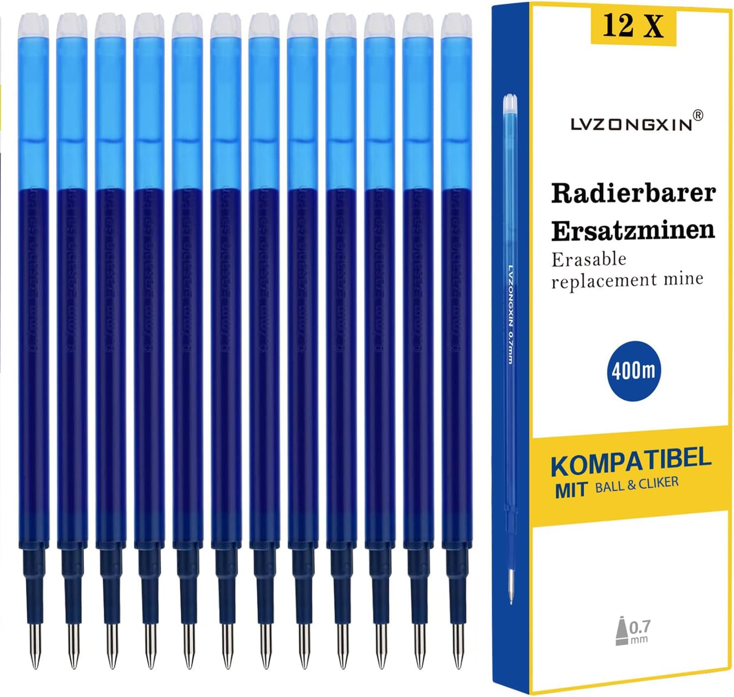LVZONGXIN Blue Ballpoint Erasable Refills, Pack of 12, 0.7 mm, Japanese Classic Tip, 400 m Writing Length, Compatible with Pilot