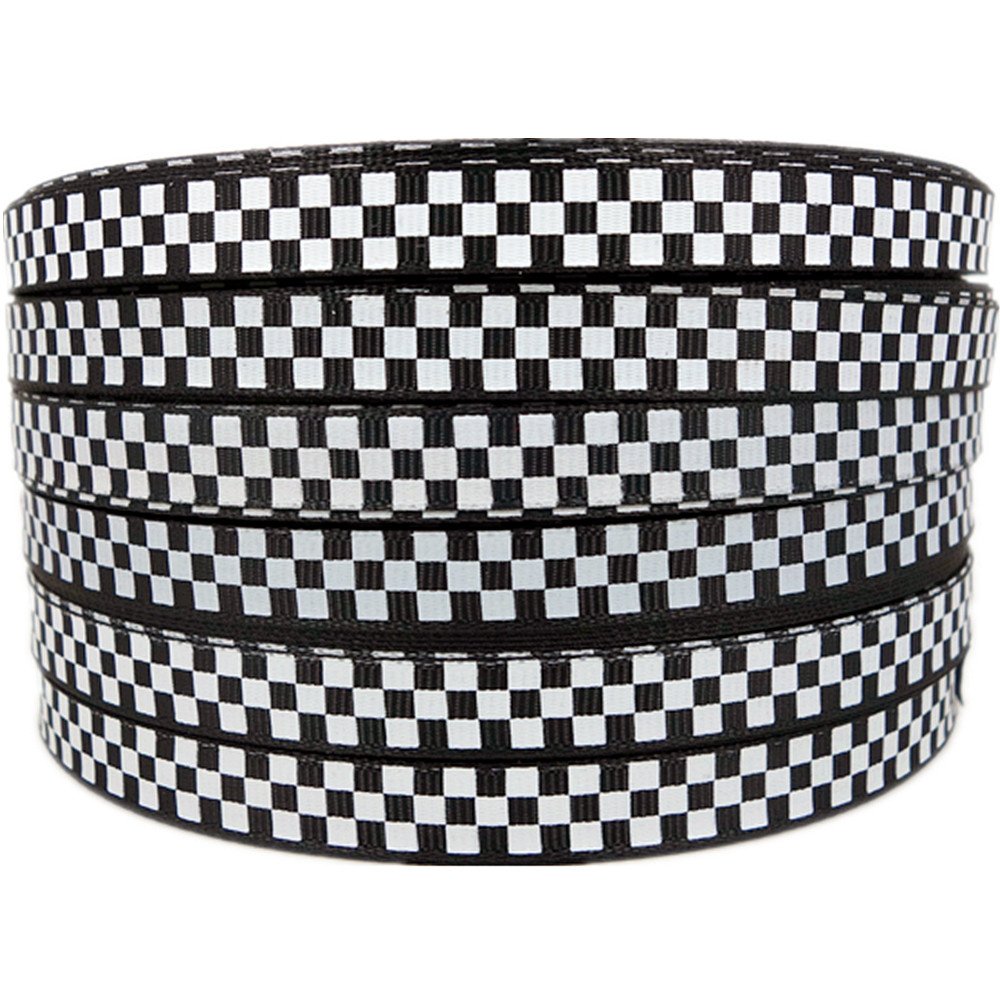 Photo 1 of Black Grosgrain Ribbon White Checkered Printed, 3/8 Inch 25Yards