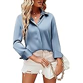 Esabel.C Satin Silk Button Down Shirts for Women Casual Silky Long Sleeve Work Tunic Top