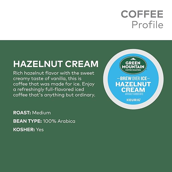 GREEN MOUNTAIN COFFEE ROASTERS BREW OVER ICE HAZELNUT CREAM, SINGLE SERVE KEURIG K-CUP PODS, FLAVORED ICED COFFEE, 12 COUNT