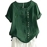 SCUSTY Oversized Crew Neck Linen Tops for Women Short Sleeve Cotton Blend Tee Shirts