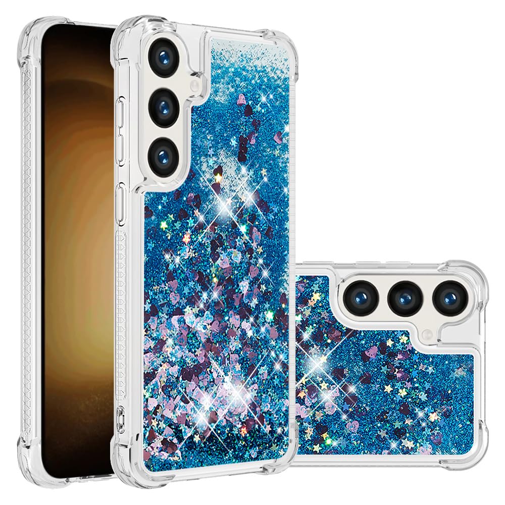 COTDINFOR Case for Samsung Galaxy S25: Glitter Sparkle Cute Liquid Phone Case - Clear Flowing Quicksand Shockproof TPU Protective - Love Blue