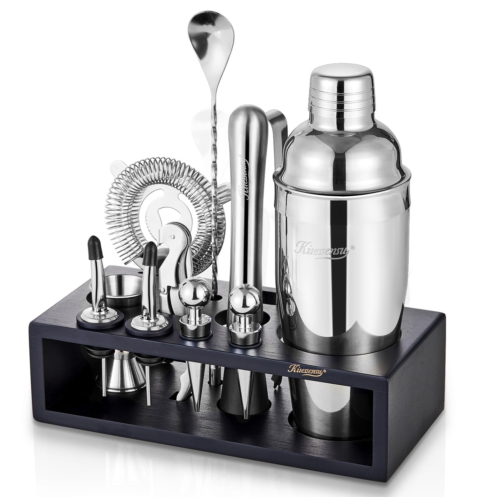 KITESSENSU 12-Piece Cocktail Shaker Set with Stand | Mixology Bartender Kit Bar Set with Essential Bar Accessories for Home Bar: Martini Shaker, Jigger, Muddler, Bar Spoon | Drink Mixer Cocktail Kit