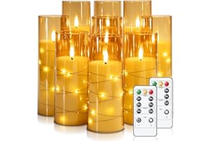 Raycare Flameless Candle with Remote Timer – 9 Flickering Acrylic Battery Operated LED Pillar Candles with Embedded Star String for Halloween, Home Decor, and as a Gift(Glod)
