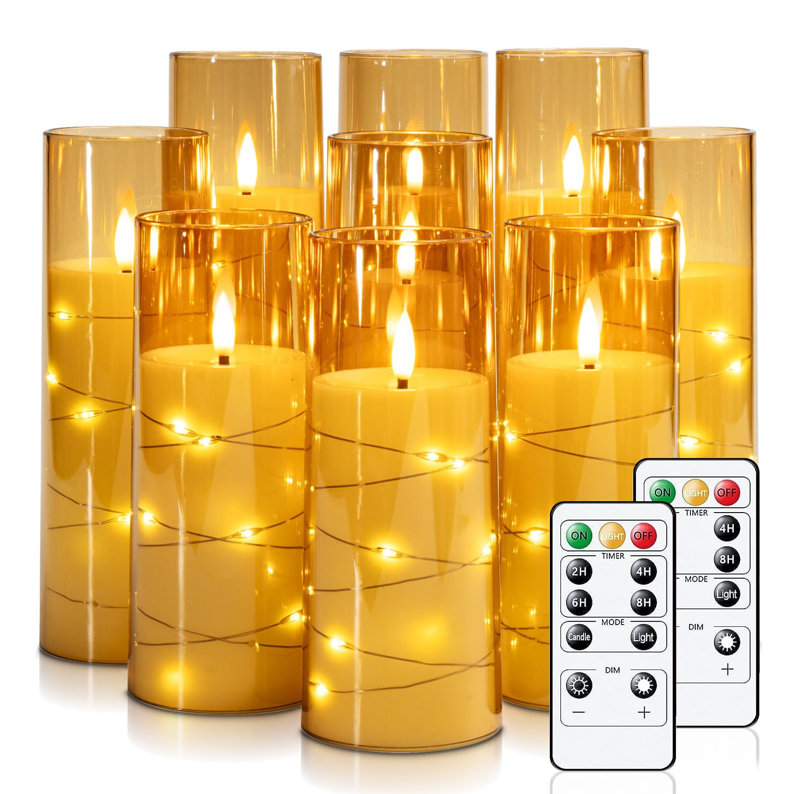 Photo 1 of ***DAMAGED - SEE NOTES/PICTURES*** Raycare Flameless Candle with Remote Timer – 9 Flickering Acrylic Battery Operated LED Pillar Candles with Embedded Star String for Christmas, Home Decor, and as a Gift(Glod)