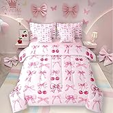 Pink Cherry Bow Comforter Set 7 Piece Bed in a Bag Twin,Cute Silk Ribbon Bowknot Bedding Set,Princess Bow Tie Comforter and Sheet Set Dreamy Kawaii Bed Set,Girly Light Pink Room Decor Aesthetic