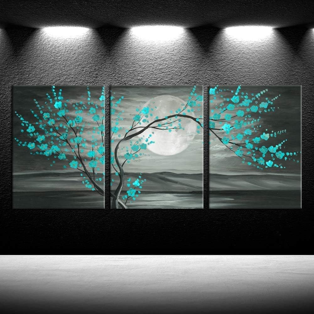 Amazon Com Iknow Foto 3pcs Grey And Teal Floral Canvas Prints Framed Plum Blossom Tree Oil Painting Printed On Canvas Gallery Wrapped Full Moon Flower Pictures Living Room Traditional Paintings 12x16x3pcs Posters