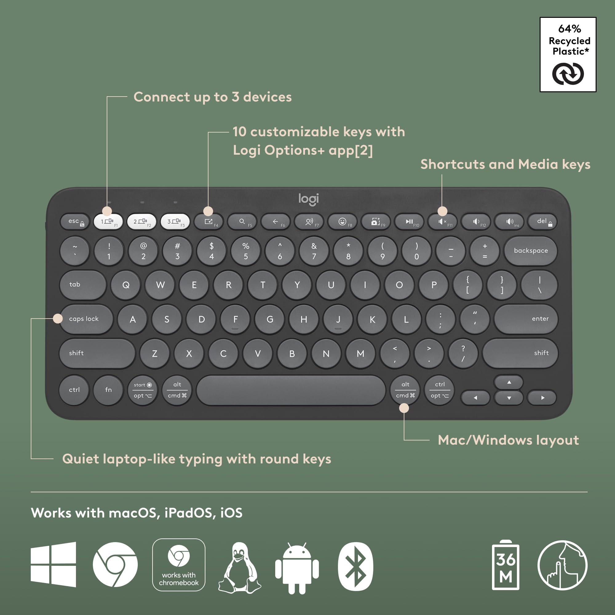 Logitech Pebble Keys 2 K380s, Multi-Device Bluetooth Wireless Keyboard with Customisable Shortcuts,Slim and Portable,Easy-Switch for Windows/macOS/iPadOS/Android/Chrome OS, QWERTY UK Layout, Graphite