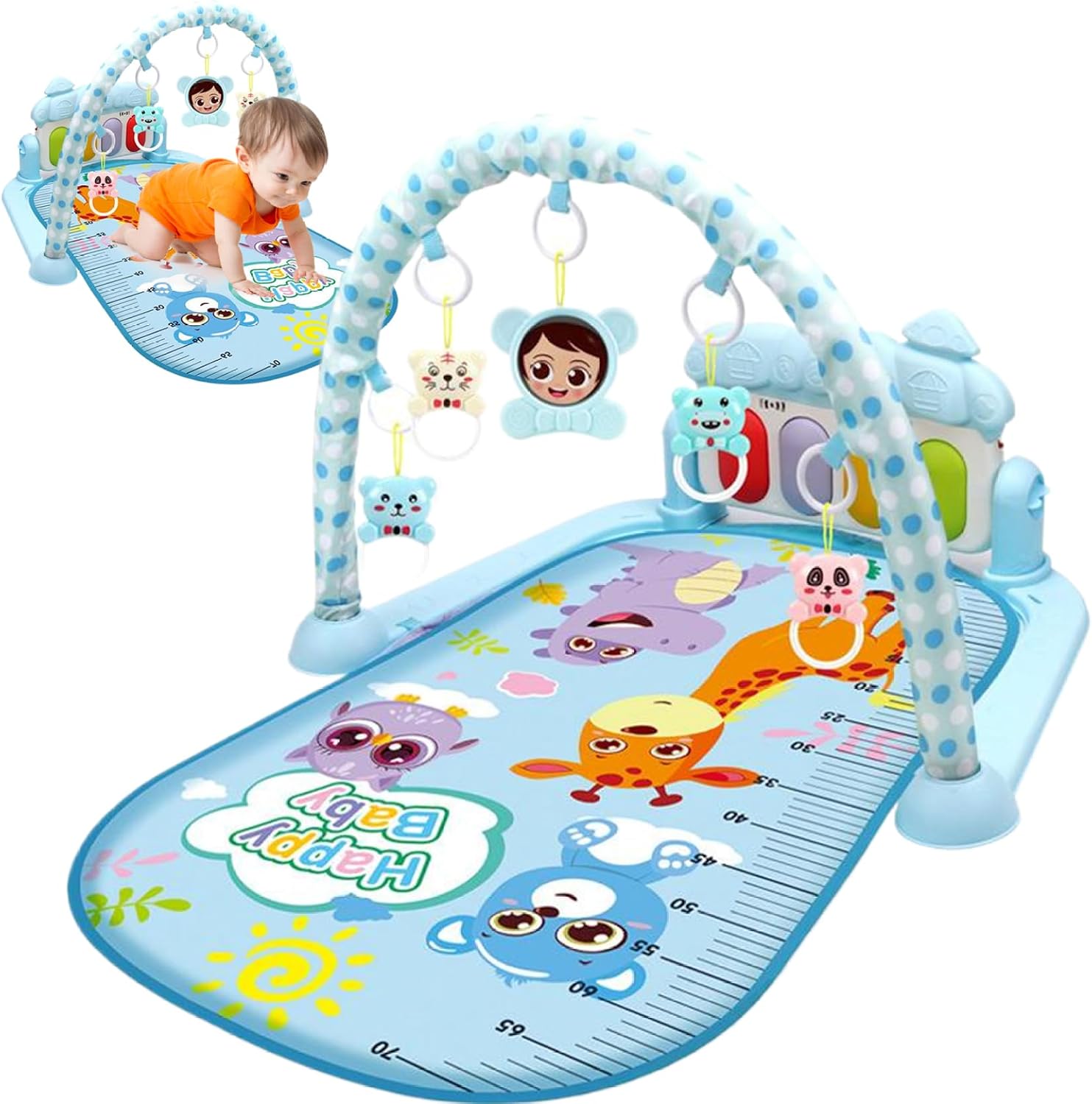 Baby Activity Center with Music & Light Safe & Easy Baby Gym Play Mat with Rattle Pendant Removable Play Mat with Adjustable Board for Newborns and Toddlers Blue, Activity Cubes