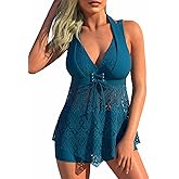 Modlily Tie Back Womens Tankini Swimsuits with Board Shorts, Handkerchief Hem Two Piece Swimwear