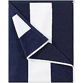 HENBAY Cotton Oversized Beach Towel - Large 70 x 35 Inch Pool Towel, Navy Blue Striped Quick Dry Swimming Cabana Towel