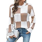 EVALESS Sweaters for Women Crewneck Long Sleeve Color Block Casual Knit Tops 2025 Fall Fashion Checkered Pullover Sweater