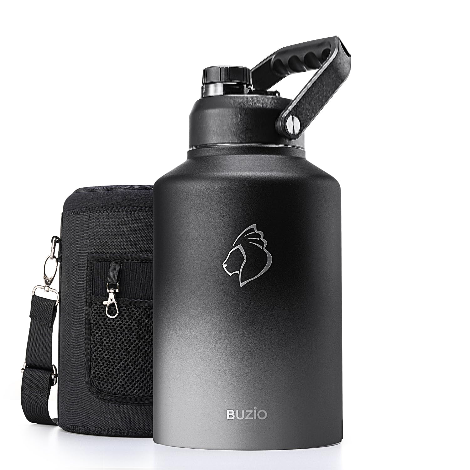 Photo 1 of BUZIO One Gallon Water Bottle Insulated, (Cold for 48 Hrs) 128oz Water Jug Large Stainless Steel, 3.58in Big Wide Mouth Leak Proof Metal Flask with Carrying Sleeve for Camping,Gym, Travel, Black Gray