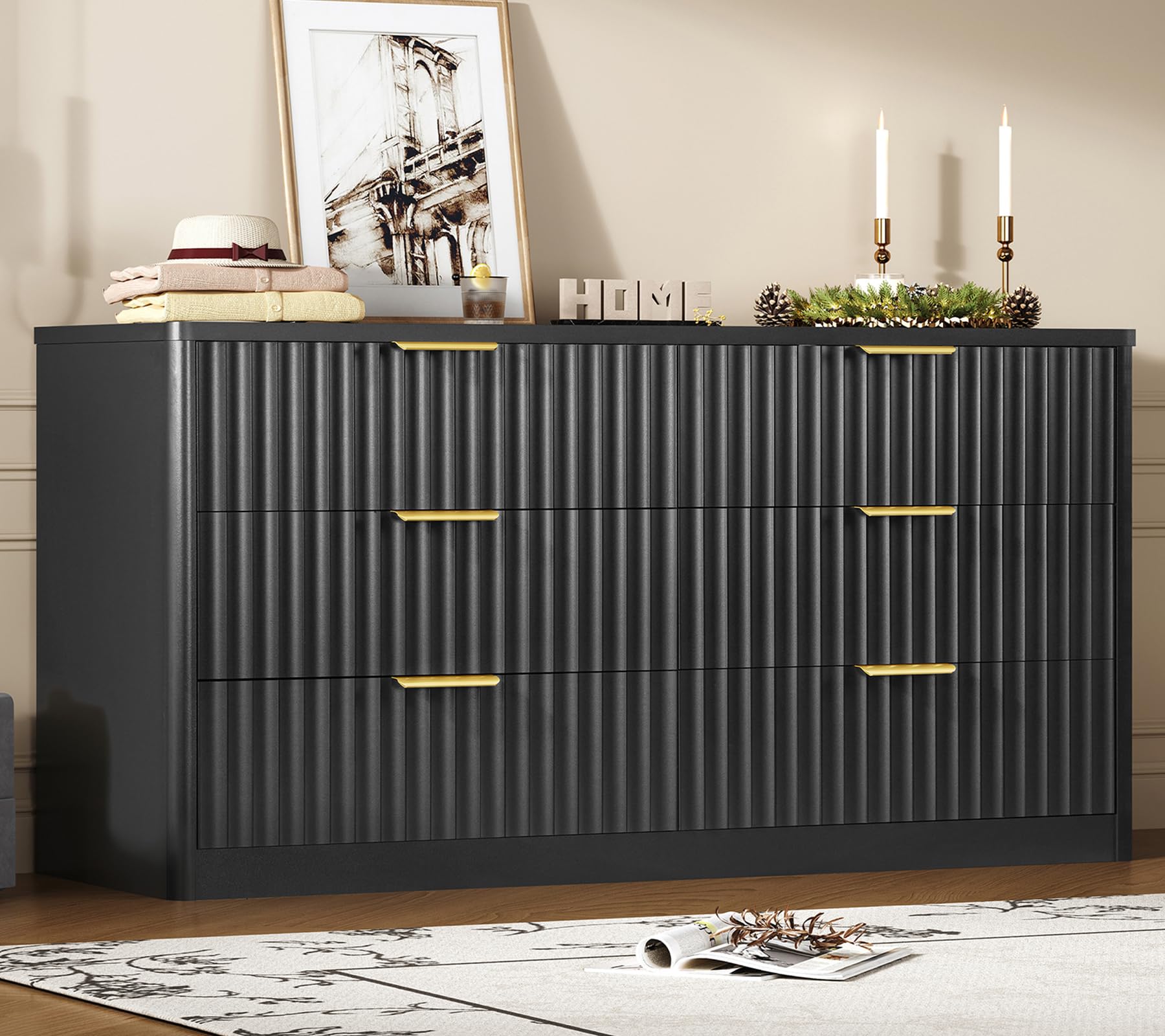 TEENFON Fluted 6 Drawer Dresser for Bedroom, Wide Modern Chest of Drawers with Metal Handle, Curved Profile Design, Wood Closet Clothes Storage Organizer for Bedroom, Living Room, Hallway, Black
