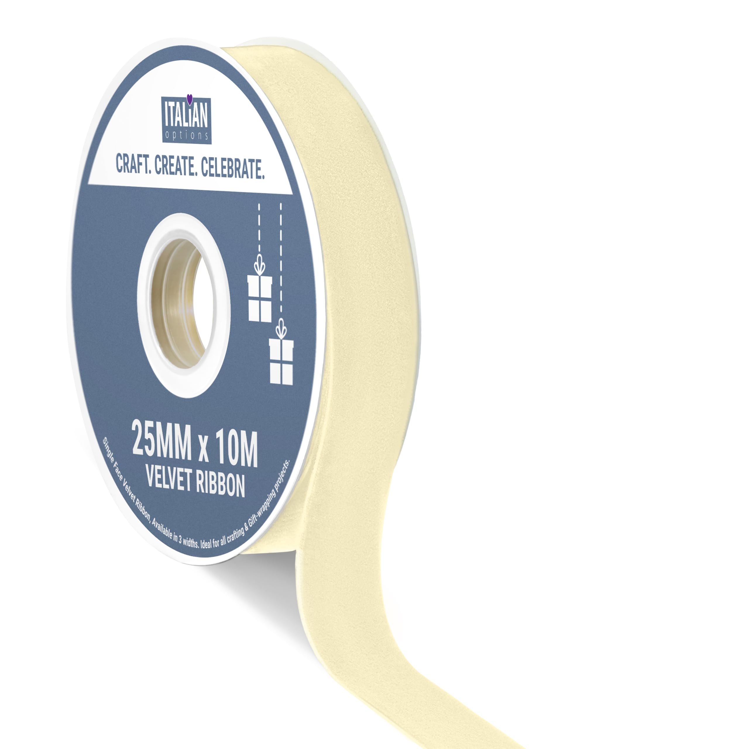 Italian Options Velvet Ribbon, Luxury, Single-Face Velvet Ribbon for Crafting, Christmas, Bows, Hair, Cakes, Weddings, Ornaments, Gift Wrapping, Flowers, 25mm x 10 Metre Roll, Antique Ivory