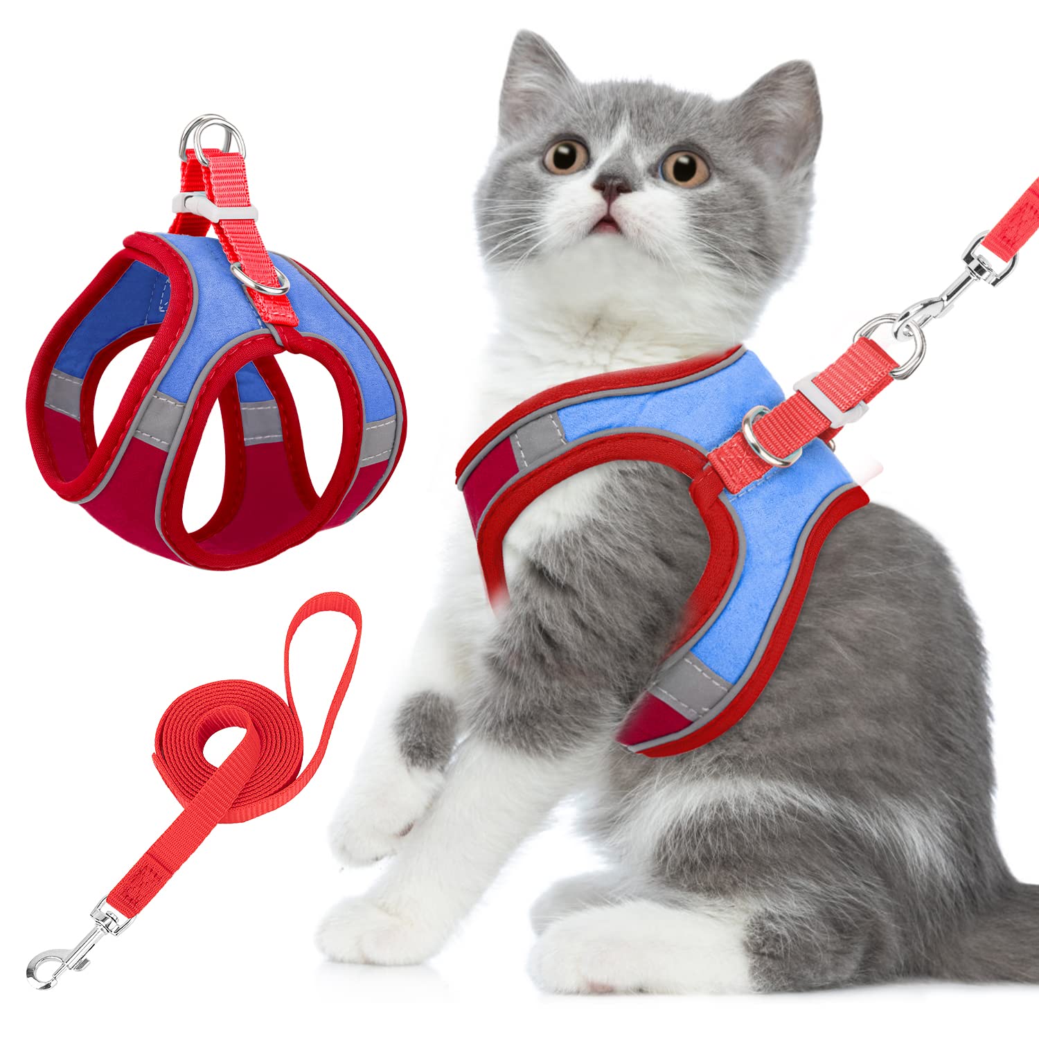 Eyein Cat Harness and Lead Set for Walking, Adjustable Soft Sturdy Faux Suede Escape Proof Kitten Vest Harness and leash with Reflective Strip for Large Medium Small Cats(Red & Blue, L)