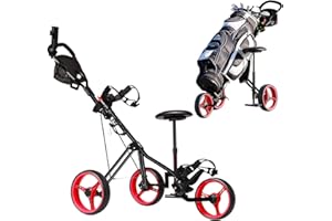 SPORFIT Golf Push Carts 3 Wheel Folding-Collapsible Lightweight Push Cart with Seat for Golf Clubs, Foot Brake/Umbrella Holder- 4 Height Position Handle
