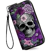 RAUEDWDJS Women's Wallets,Credit Card Holder Money Leather Long Wallet with Wristlet,Large Capacity with Zip-Around Phone Purse for Women Ladies Girls,Purple Skull