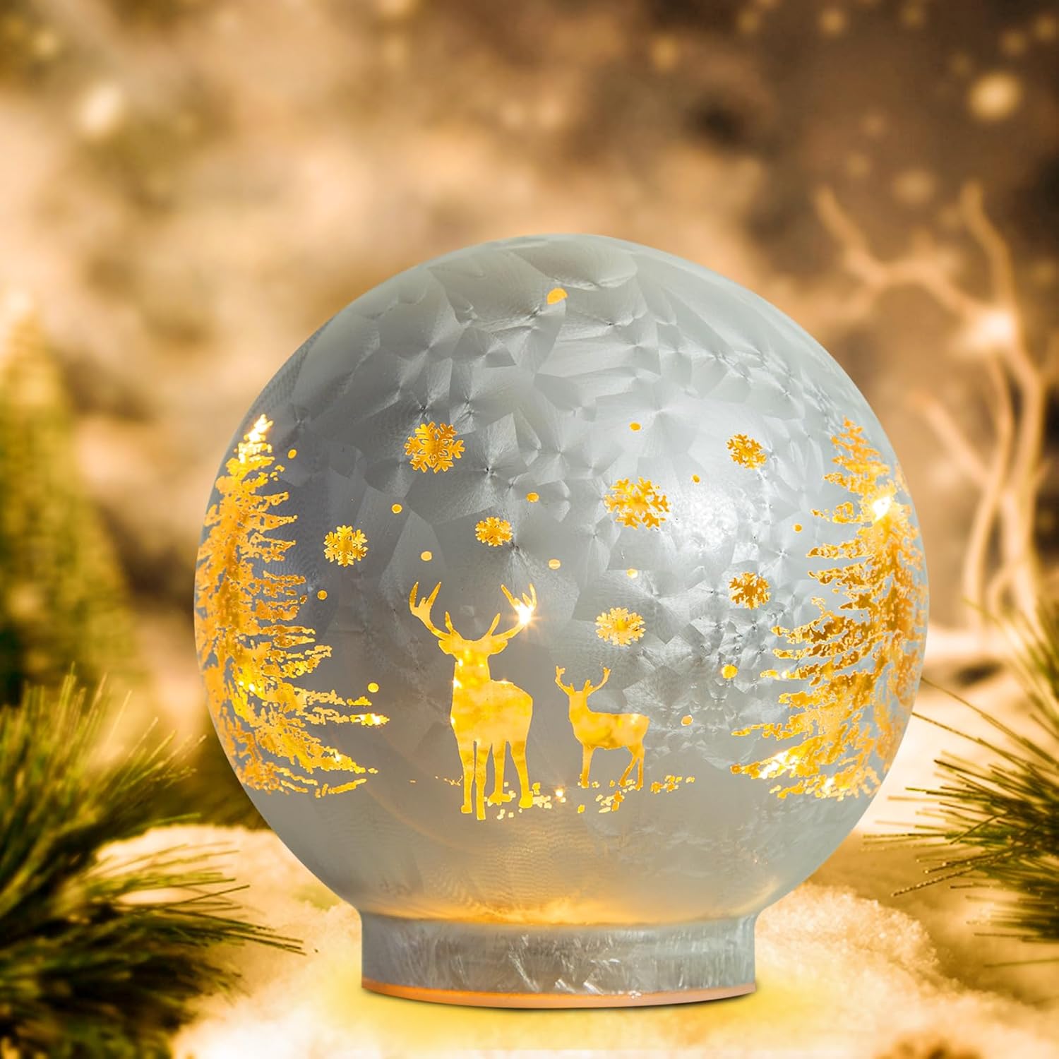 Snow Globes - Christmas Decorations Indoor, Glass Snow Globe Christmas, for Women, Ice-Crackle Ornaments with Snow, Reindeer and Trees (Ice White)