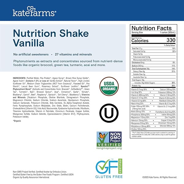 KATE FARMS ORGANIC NUTRITION SHAKE, STRAWBERRY, 16G PROTEIN, 27 VITAMINS AND MINERALS, MEAL REPLACEMENT, 11 OZ (12 PACK)