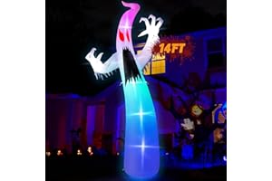 MELISHEER 14 FT Halloween Outdoor Inflatables, Giant Scary Ghost Inflatables Decorations, Built-in RGB Color Changing Lights Blow Up Spooky Red Eye Ghost Decor for Lawn Garden Haunted House Outdoor