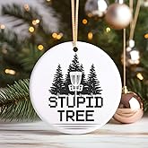 Frisbee Golf Christmas Ornament – Funny “Stupid Tree” Disc Golf Gift – 3” Two-Sided Ceramic Ornament with Gift Box – Holiday Tree Decoration for Disc Golfers