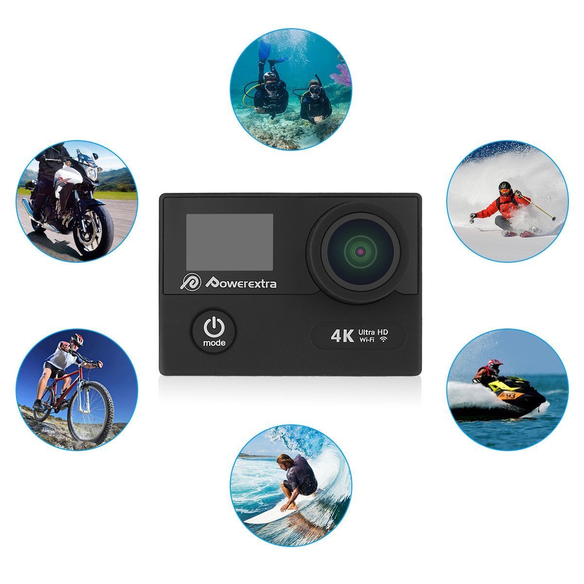 Powerextra Action Cam WIFI 4K, Action Camera Sport Kit | Videocamera 1080P HD | 170°Grandangolare | Custodia Impermeabile 30M | Macchina Fotografica per Subacquea Nuoto