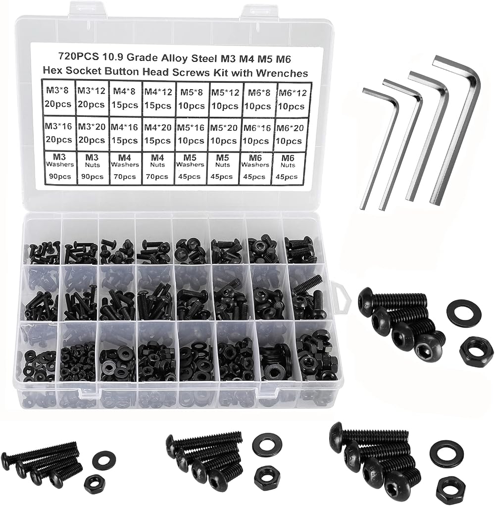 FandWay 720Pcs Bolts Nuts Set M3 M4 M5 M6 Button Head Screws 10.9 ISO 7380