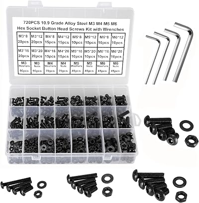FandWay 720Pcs Bolts Nuts Set M3 M4 M5 M6 Button Head Screws 10.9 ISO 7380