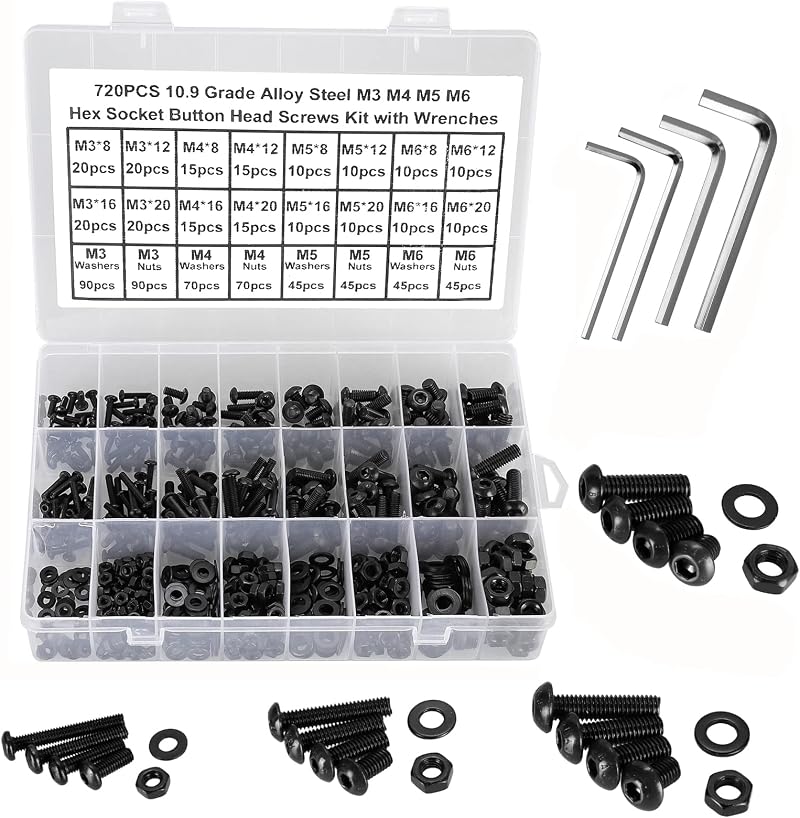 FandWay 720Pcs Bolts Nuts Set M3 M4 M5 M6 Button Head Screws 10.9 ISO 7380