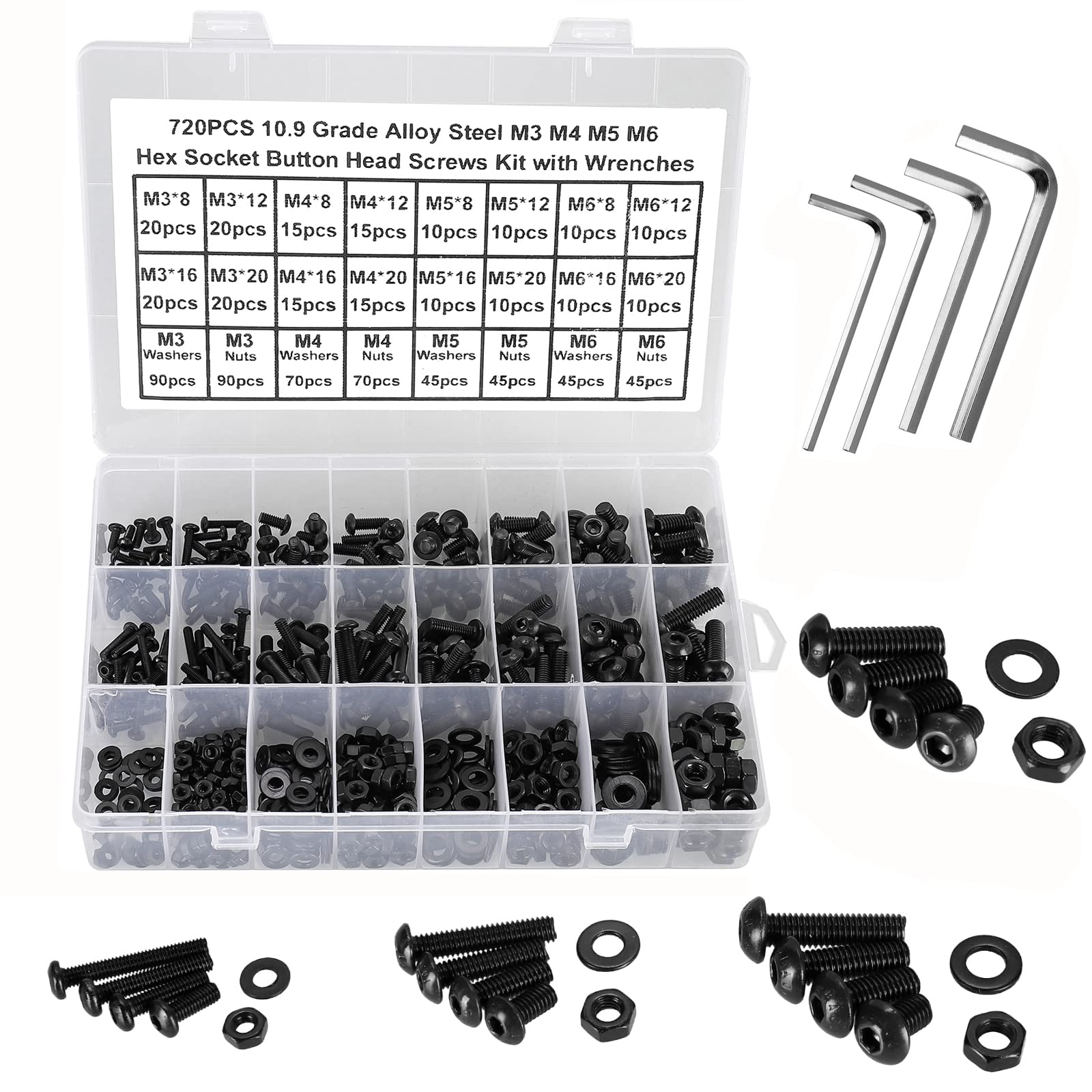 FandWay 720Pcs Bolts and Nuts Set,M3 M4 M5 M6 Button Head Machine Screws,ISO 7380 Allen Screws,Black Hex Bolts and Washers Set 10.9 Grade Alloy Steel Fully Threaded With 4 Allen Key.