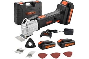 TEENO Oscillating Tool, Cordless Oscillating Multi-Tool with 20V 2Ah Lithium-Ion, 5000-18000 OPM, 6 Variable Speed, 3.2° Oscillation Angle, for Sawing, Cutting, Sanding (Two Battery)