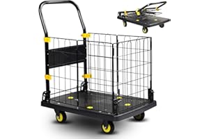 Lomive 2IN1 Platform Truck Cart with Cage, Heavy Duty Handtrucks 440lbs Capacity, Push Cart Dolly with Folding Steel Mesh,Collapsible 29"×19" w/ 360° Swivel Casters,Foldable for Easy Storage
