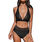 CUPSHE Women's Bikini Sets Halter V Neck Tie Back Bathing Suit Mesh Panel High Waisted Bottom