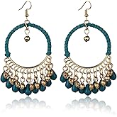 Boho Mexican Filigree Drop Earring for Women Green Teardrop Beaded Tassel Dangle Earrings Vintage Ethnic Jewelry