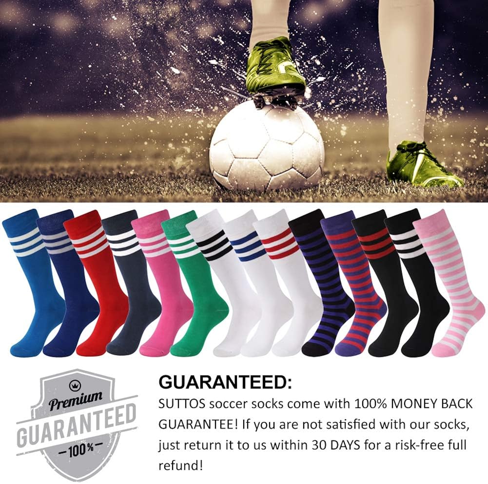 Soccer Socks, SUTTOS Unisex Cotton Knee High Triple Stripe Football Team Socks Athletic Tube Sock 2-10 Pairs: Clothing