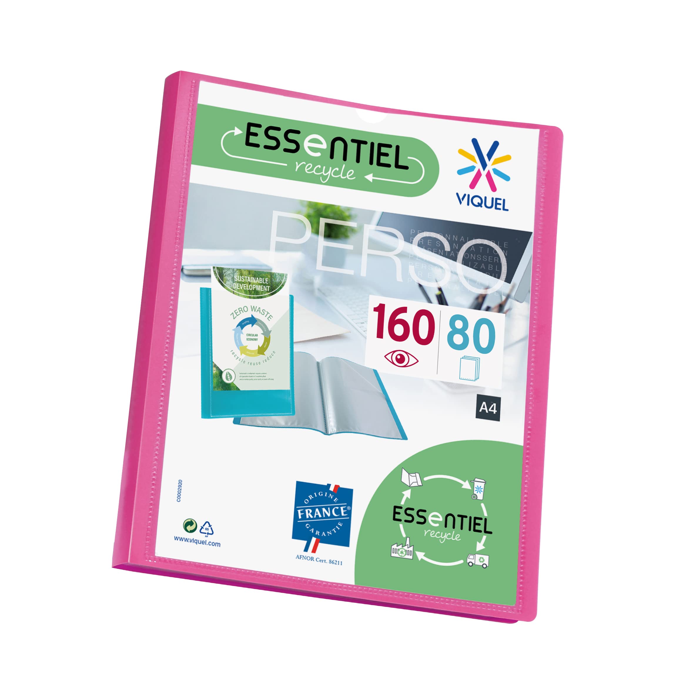 Viquel - A4 160 Pockets Display Book - Customisable Binding - Smooth Clear Pockets - Recycled Essential - Pink