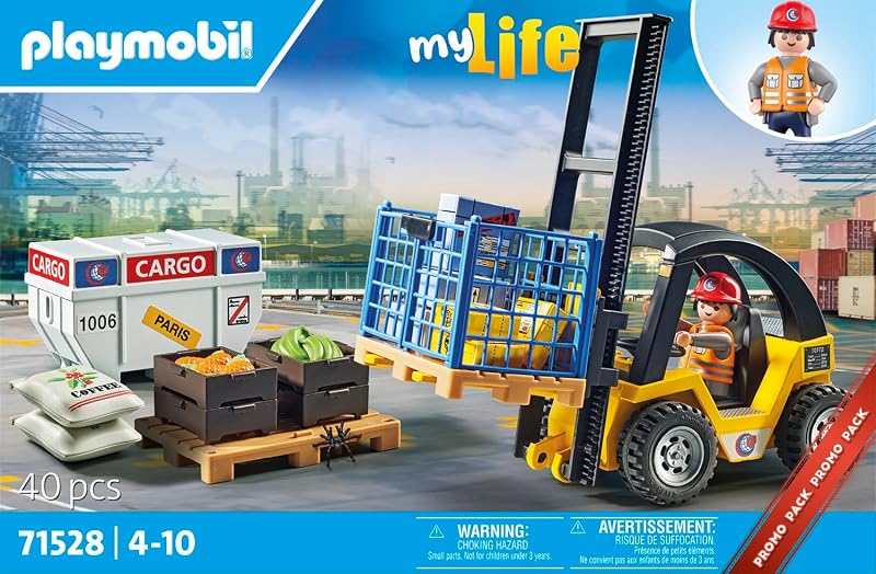 Promo Pack 71528 Chariot élévateur avec matériel - Pour déplacer des charges lourdes - Comprend un transpalette et des palettes avec des colis et des sacs de café- Univers myLife - Dès 4 ans