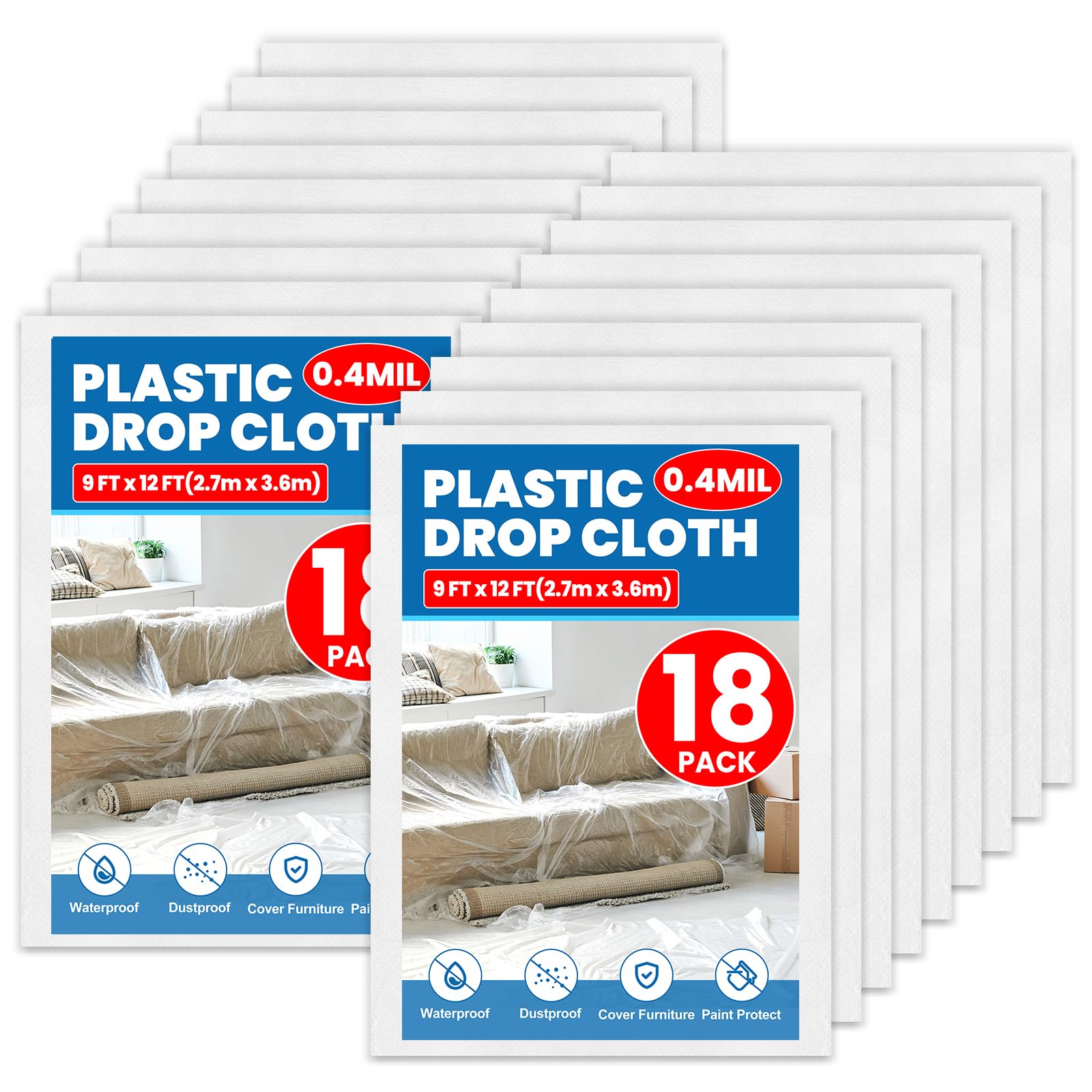 Photo 1 of 18 Pack Plastic Drop Cloth, 9 x 12 Feet Plastic Sheeting, Painter's Sheeting & Tarps for Painting, Dustproof Painters Plastics Tarp for Furniture Cover
