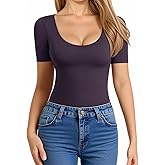 MANGOPOP Women's Scoop Neck Slim Fitted Short Sleeve Double Lined T Shirt Tight Basic Tops Y2K Tee