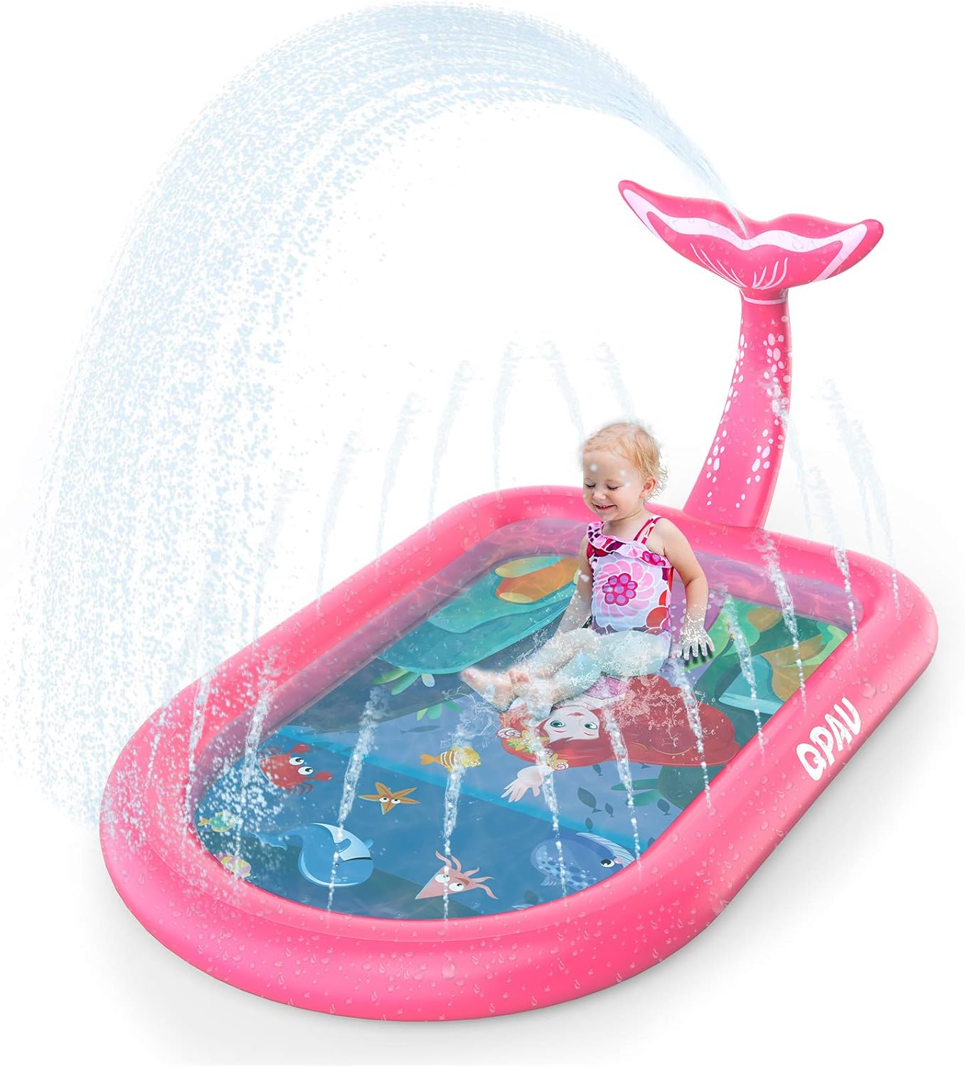 QPAU 3-in-1 Inflatable Sprinkler Pool, 2021 New Mermaid Design Splash Pad Kiddie Pool for Kids Toddler, Outdoor Water Toys for Babies Boys Girls, 65”x 40” (Pink Mermaid): Kitchen & Dining