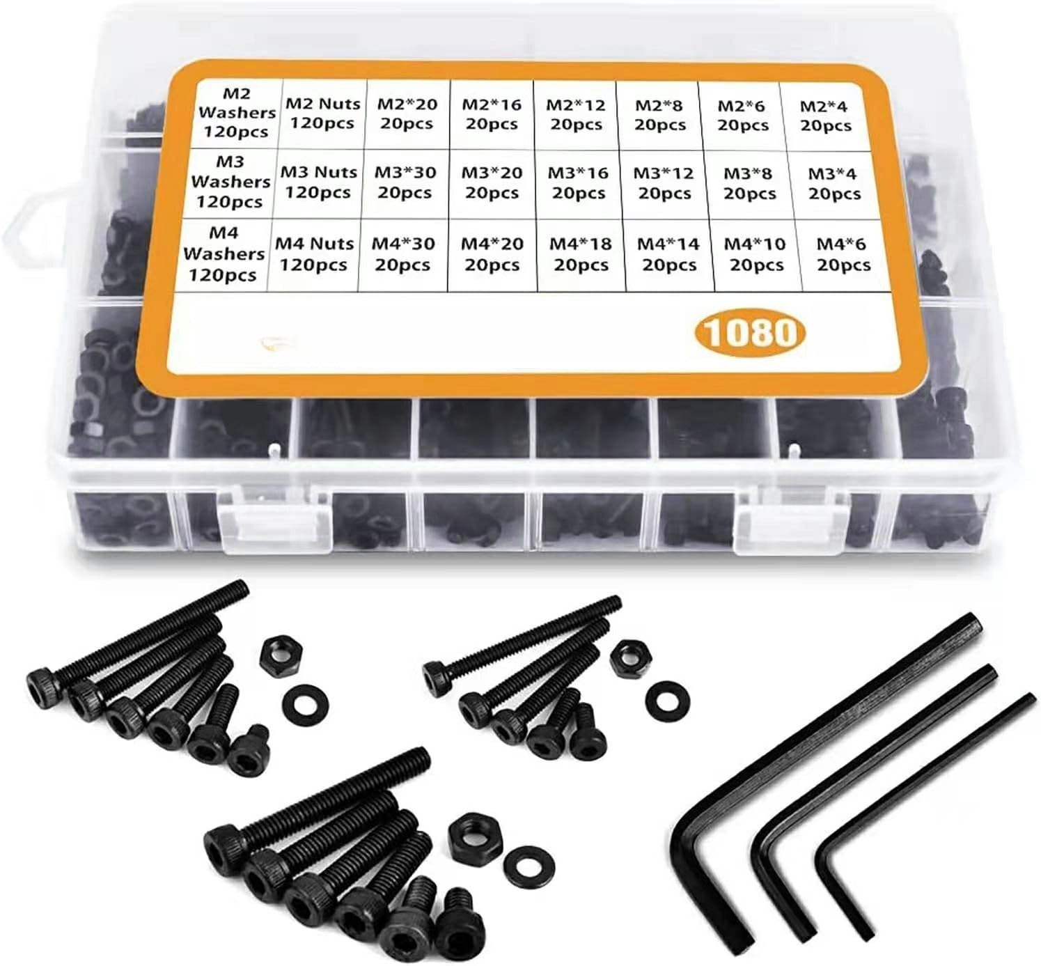 1080Pcs NUZAMAS M2 M3 M4 Socket Head Cap Screws Bolts Nuts Washers Assortment Kit with Hex Wrenches Class 12.9 Alloy Steel Small Metric Screws Set Cup Head Screw