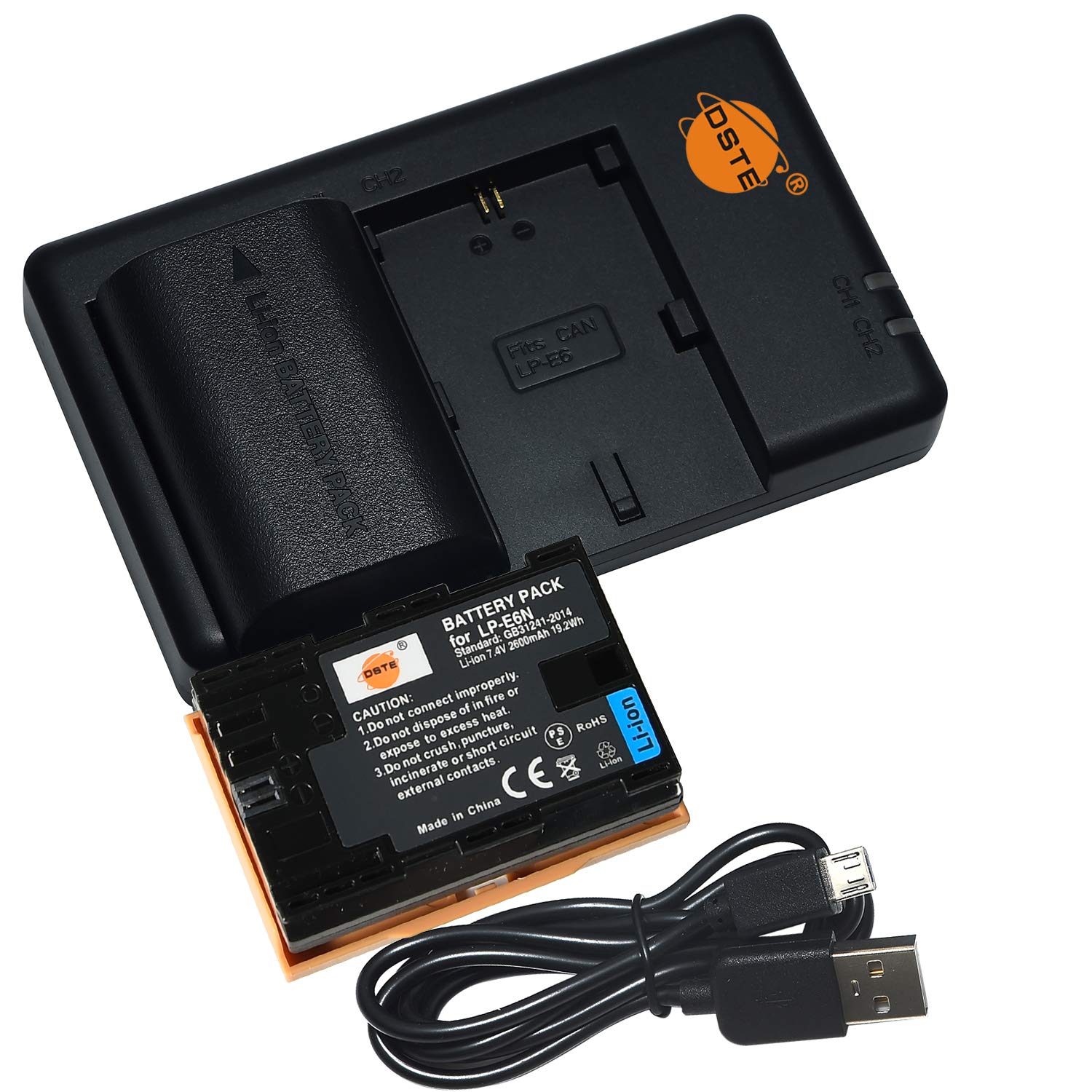 DSTE (2-Pack) 2600mAh LP-E6N LP-E6NH LP E6N Camera Batteries and Dual Slots USB Charger Compatible for Canon EOS 5C, EOS R, EOS R5, EOS R6, XC10, XC15