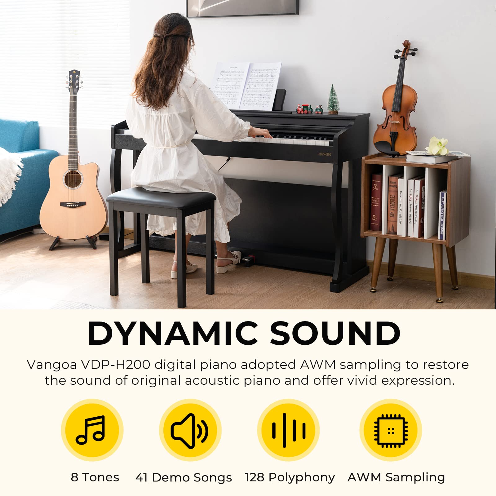 Digital Piano, 88 Keys Weighted Hammer Action Home Digital Piano Full Size Bundle with Slide Key Cover, Furniture Stand, Power Adapter, Triple Pedals, Black, by Vangoa